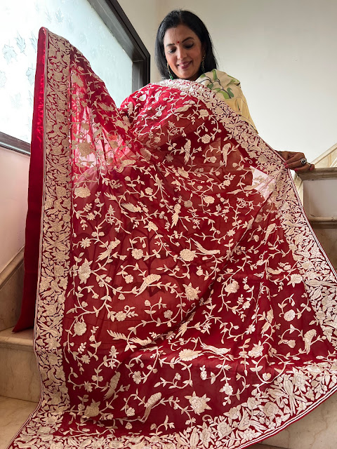 Elegance Redefined: The Artistry of a Hand-Embroidered Parsi Gara Dupatta