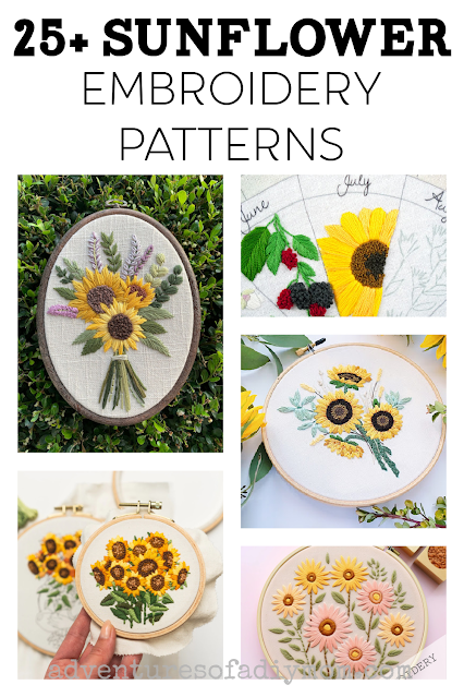 collage of sunflower embroidery  patterns with text overlay