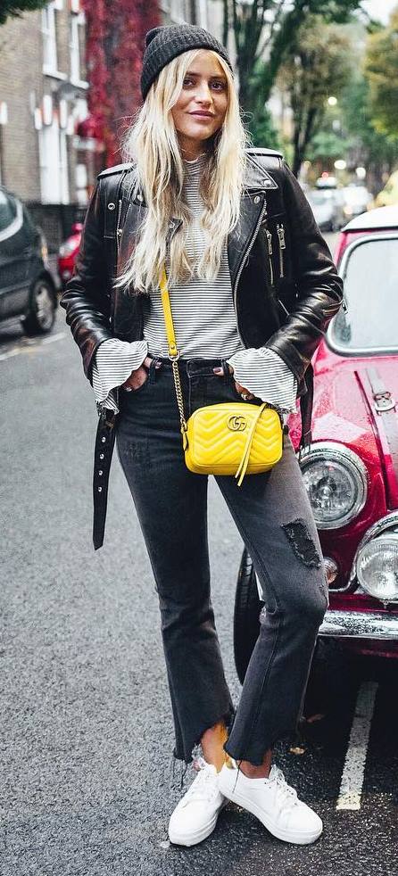 fall street style perfection: hat + leather jacket + top + rips + bag
