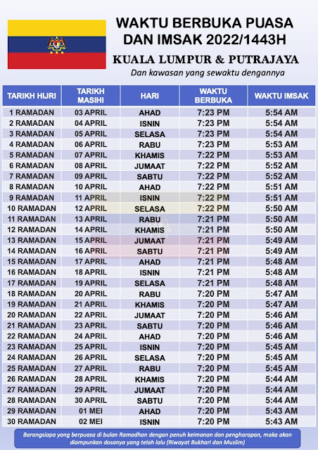 waktu berbuka puasa kuala lumpur dan putrajaya 2022