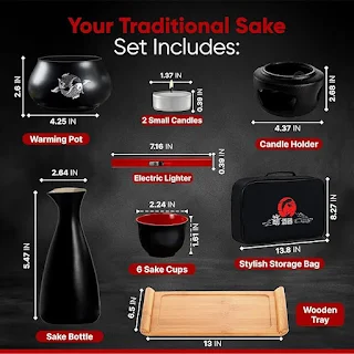 Japanese Sake Set with Warmer | 11 pc | 6 sake cups only | non electric sake warmer | sake bottle | candles | lighter | bamboo sake flight tray for sake cup set | bomb gift kit for chinese sake set