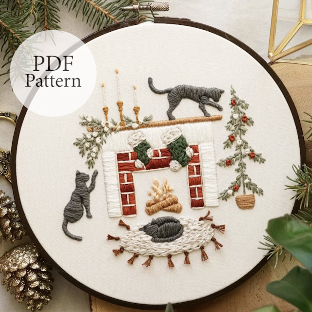 christmas cat fireplace embroidery pattern