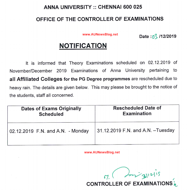 Anna University postponed Exams Rescheduled date for Nov Dec 2019