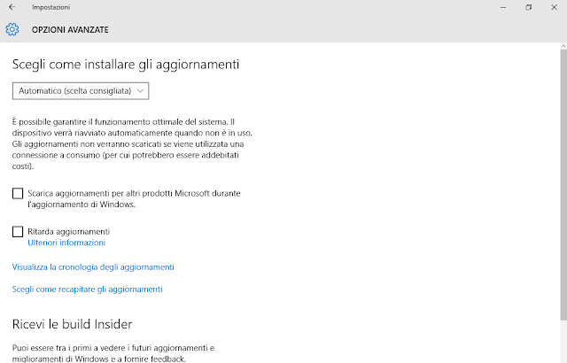 Windows 10: Windows Update opzioni avanzate