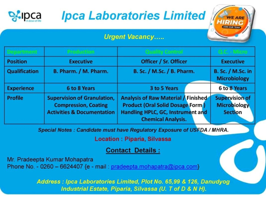 Job Availables,Ipca Laboratories Limited Job Vacancy For BSc/ MSc/ B.Pharm/ M.Pharm