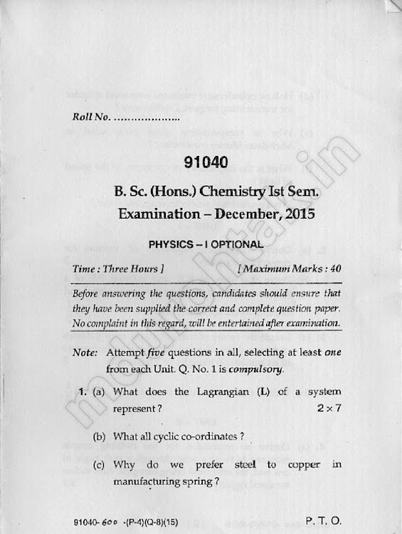 Download physics-1 optional - December 2015 Question paper - Bsc Hons Chemistry 1st semester - for free