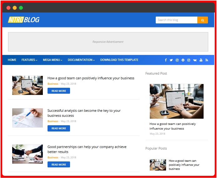 Nitro Blogger Template Nitro Blogger Template is a minimal Blogspot theme with an elegant and simple look to reach the perfect SEO score and loading time