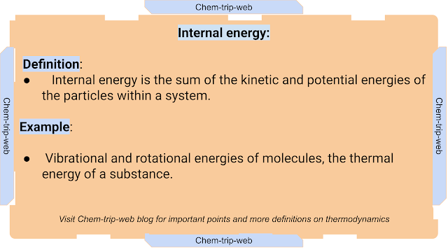 Internal energy is the sum of the kinetic and potential energies of the particles within a system.  Vibrational and rotational energies of molecules, the thermal energy of a substance.