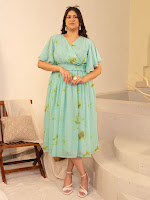 Plus Size Sea Green Dobby Georgette Tie & Dye Fit & Flare Dress for Women
