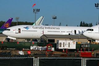 Garuda Indonesia jet on ramp at Boeing plant, Everett, Washington