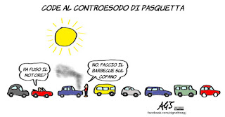 bollino rosso, traffico, code, controesodo, pasquetta, umorismo, vignetta, satira