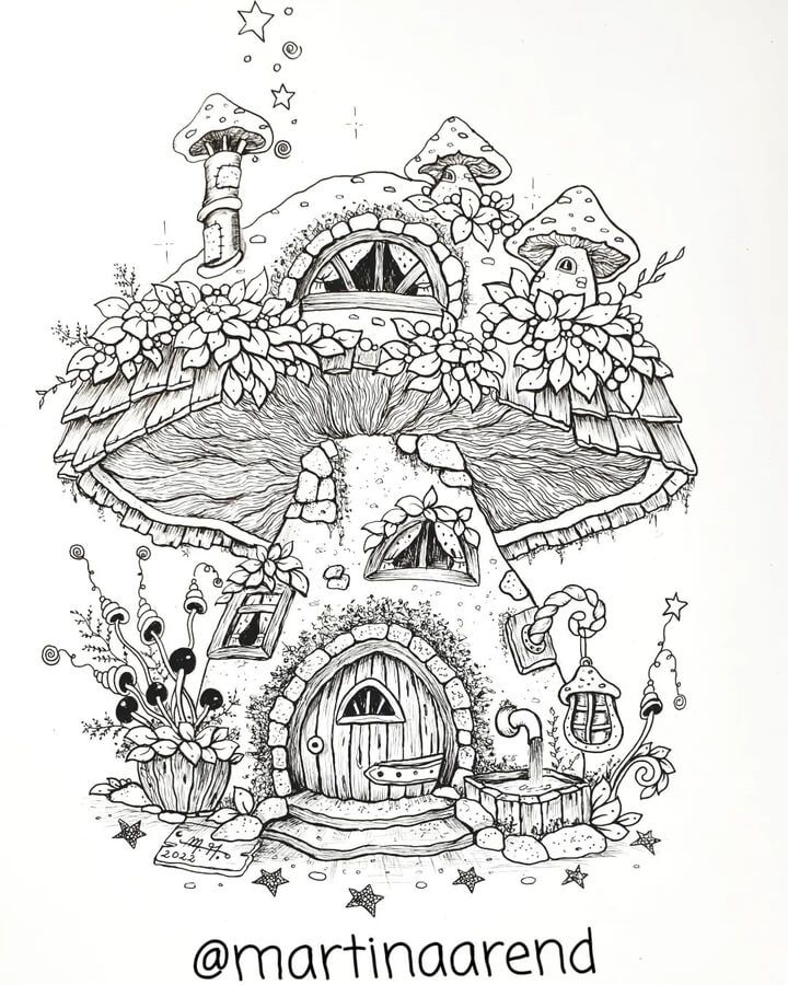05-Tiny-mushroom-House-Fantasy-Drawings-Martina-Arend-www-designstack-co