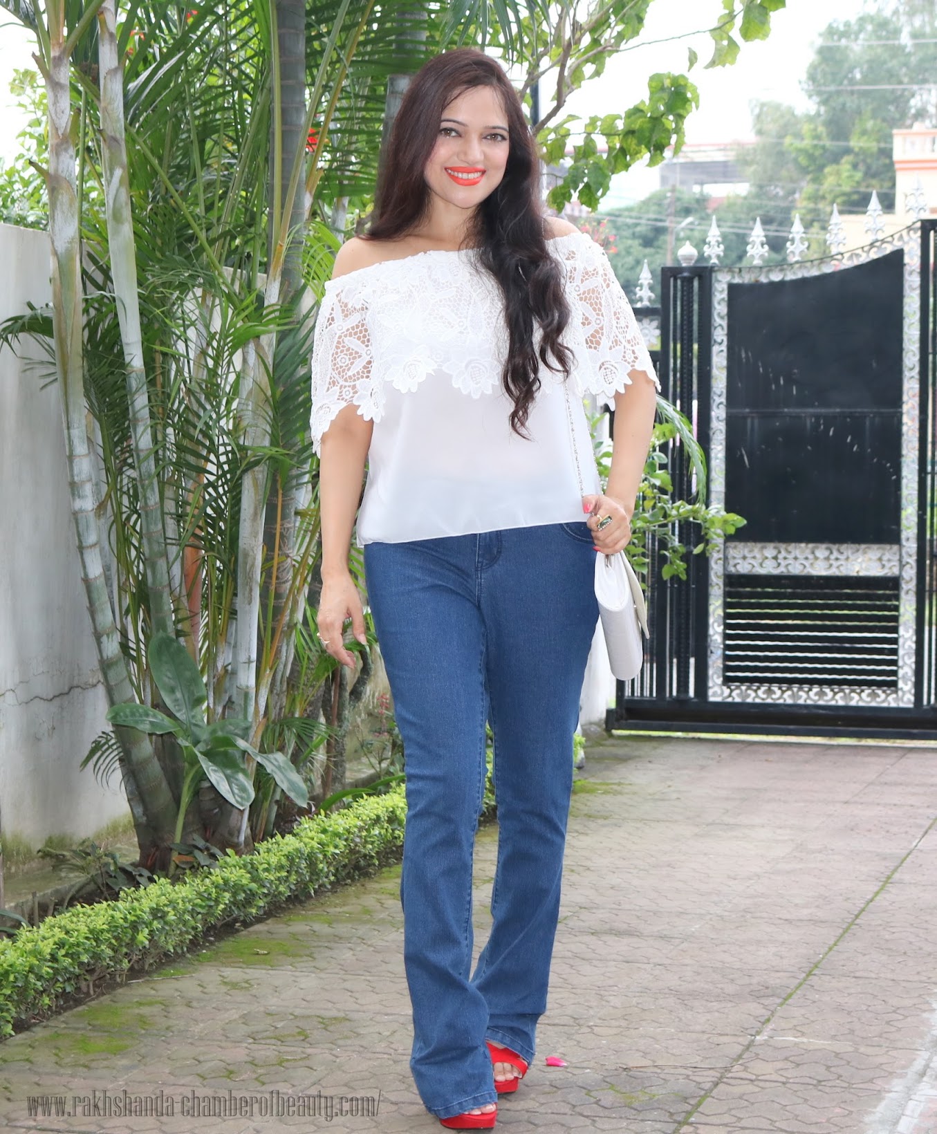 Styling an off-shoulder lace top- OOTD, Lace top from cndirect.com, retro fashion, fashion trends 2015, Indian fashion blogger, Chamber of Beauty