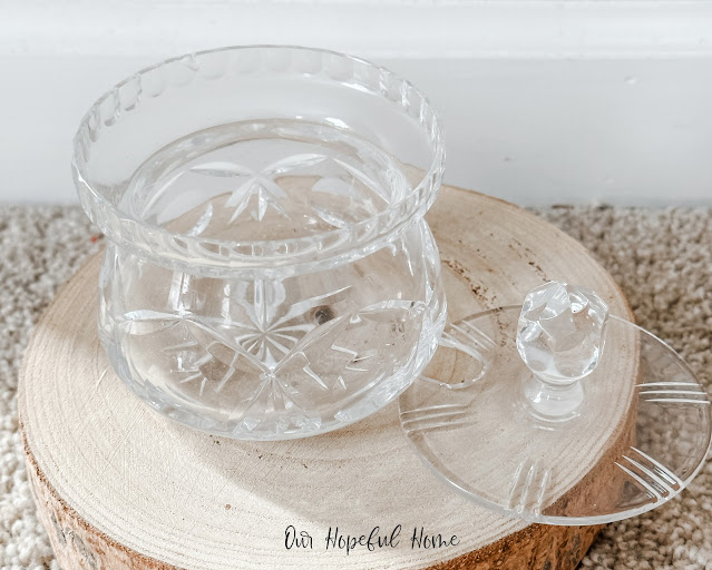 thrifted vintage glass sugar bowl with lid