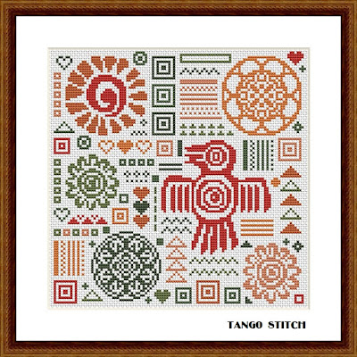 Aztec ornaments sampler easy cross stitch hand embroidery pattern - Tango Stitch