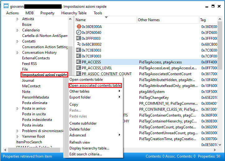 Impostazioni azioni rapide, Open associated contents table