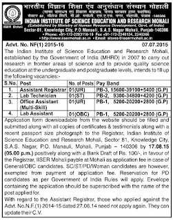 Applications are invited for Asst Registrar, Lab Technician, Office Asst and Lab Asst Posts in IISER Mohali