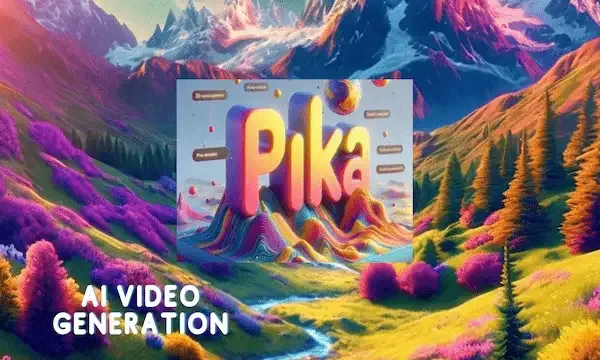 a colorful digital artwork that creatively combines nature elements with 3D text, the 3D text “Pika” in a stylized font. Below the 3D text, there’s additional text that reads “AI VIDEO GENERATION,”