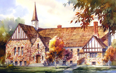 Roland Lee watercolro Painting of the Old Rock Church in Cedar City Utah