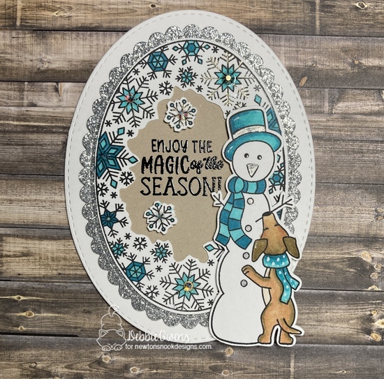 Enjoy the magic of the season by Debbie features Snowflake Oval, Holiday Heights, and Oval Frames by Newton's Nook Designs; #inkypaws, #newtonsnook, #wintercards, #holidaycards, #cardmaking, #snowmancards