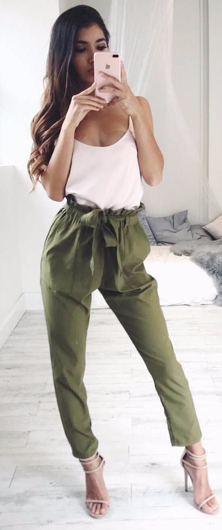 olive green high waist + nude tank top 