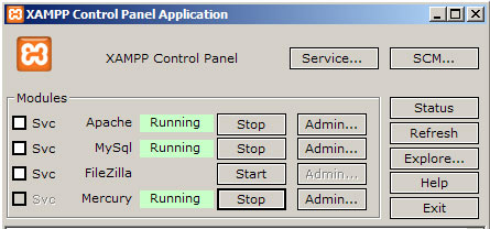 Xampp Control Panel showing running mercury mail