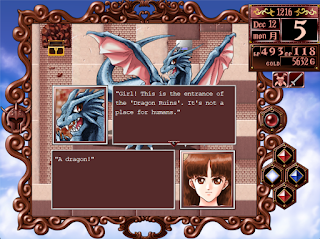 The daughter meets the Young Dragon, defender of the Ancient Ruins in Princess Maker 2.