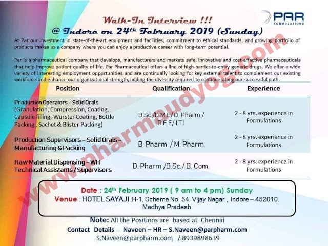 Par Formulations | Walk-in for Production & Warehouse| 24th Feb 2019 | Indore