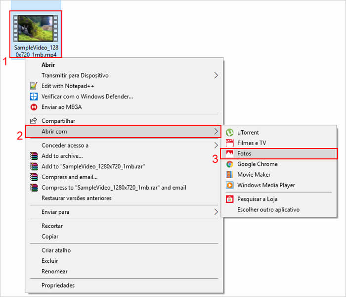 Abrindo vídeo no Windows 10 com o aplicativo Fotos
