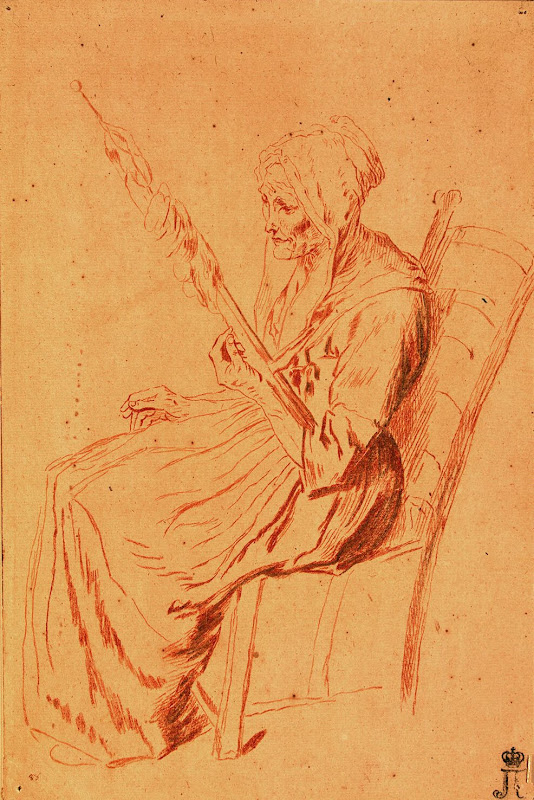 Old Woman with a Spindle by Antoine Watteau - Genre Drawings from Hermitage Museum