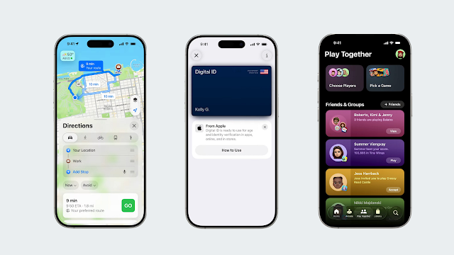 Three iPhones demonstrating iOS 26: a FaceTime call with Live Translation, Apple Music with real-time translated lyrics, and custom backgrounds.