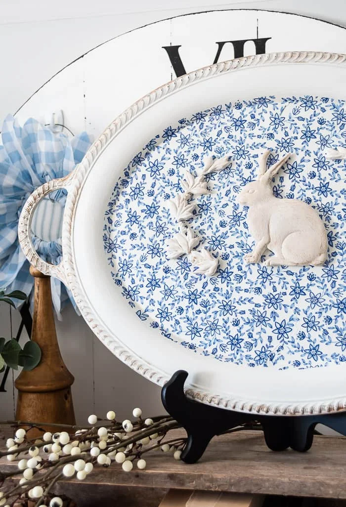 painted silver tray, blue floral decoupage, vintage style clay rabbit embellishment