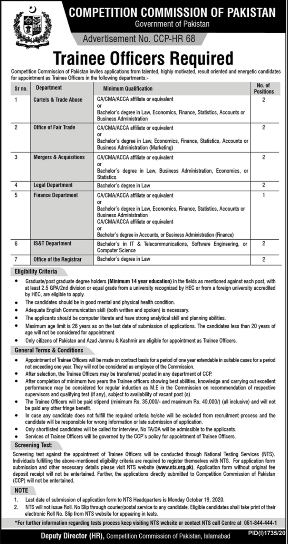 Competition Commission of Pakistan Trainee Officers Jobs October 2020