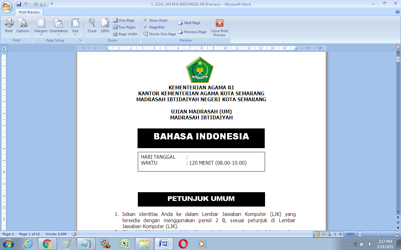 Contoh Soal Ujian Madrasah (UM) Bhs. Indonesia Madrasah Ibtidaiyah