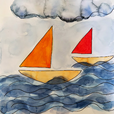 Two small boats with bright orange and red sails on a rough sea with dark clouds overhead - in ink and watercolour