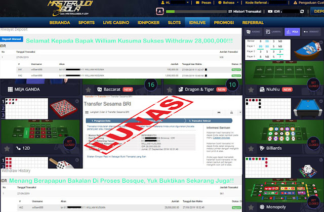 Bukti kemenangan bapak william kusuma dalam permainan NiuNiu withdraw rp 28,000,000.00