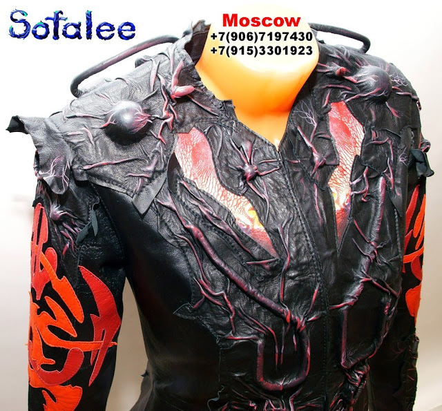 Embroidered leather jacket with painted