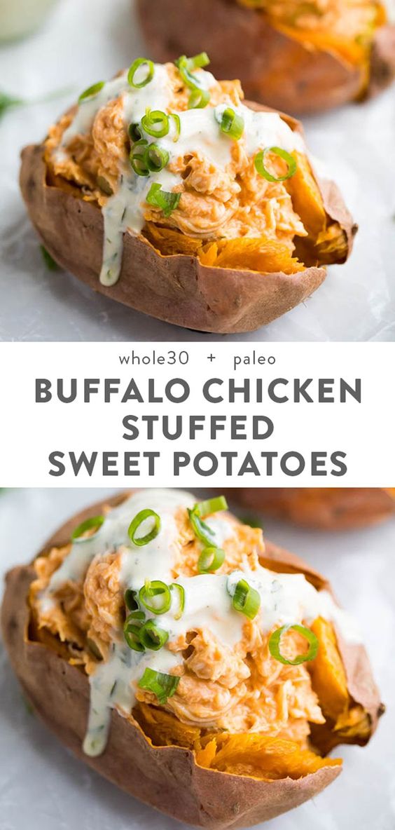 These creamy buffalo chicken stuffed sweet potatoes with ranch dressing are healthy, super flavorful, and easy to throw together for a Whole30 or paleo weeknight dinner recipe. With only a few ingredients and loads of protein and fiber, these healthy stuffed sweet potatoes are family favorites! #paleo #whole30