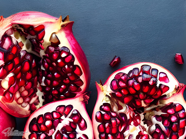 A photo of a halved pomegranate, revealing the bright red seeds inside