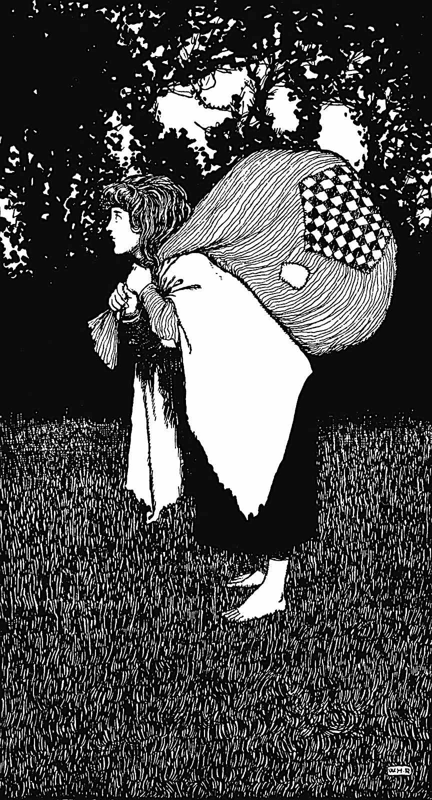 a W. Heath Robinson illustration of a woman in full profile carrying a lage sack