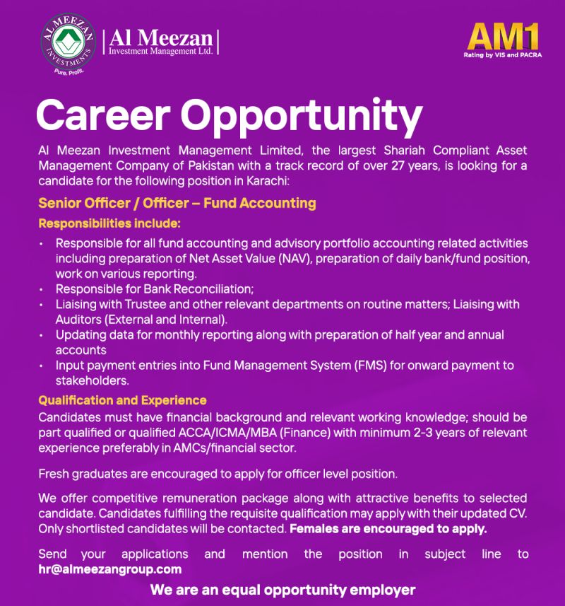 Al Meezan Investments Jobs For Senior Officer/ Officer- Fund Accounting
