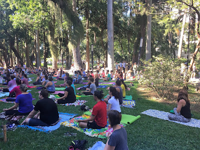 Pessoas meditando no gramado