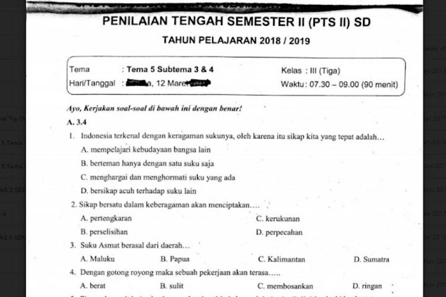 Download soal ulangan harian dan UTS kelas  Soal Ulangan Kelas 3 Tema 5 Subtema 3 dan 4