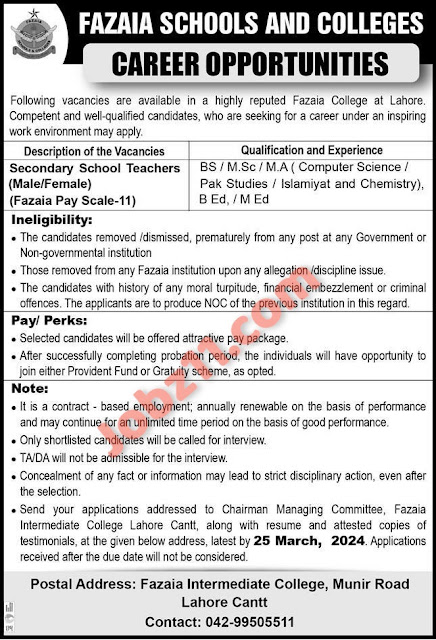 Fazaia School and College Latest Jobs in Lahore  2024 | Teaching Vacancies Male / Female