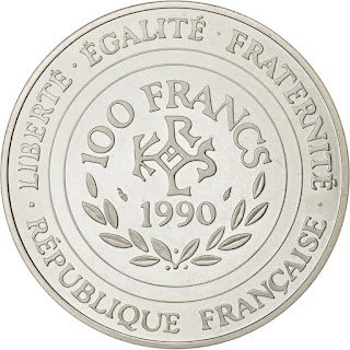 France 100 Francs 15 Ecus Silver coin 1990 monogram of Charlemagne