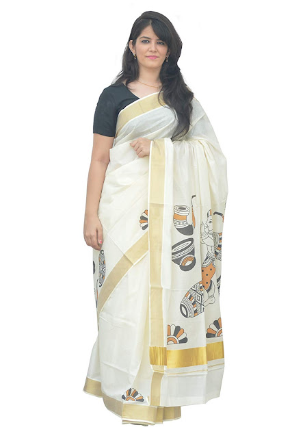 Southloom Kerala Kasavu Saree With Mural Traditional Design