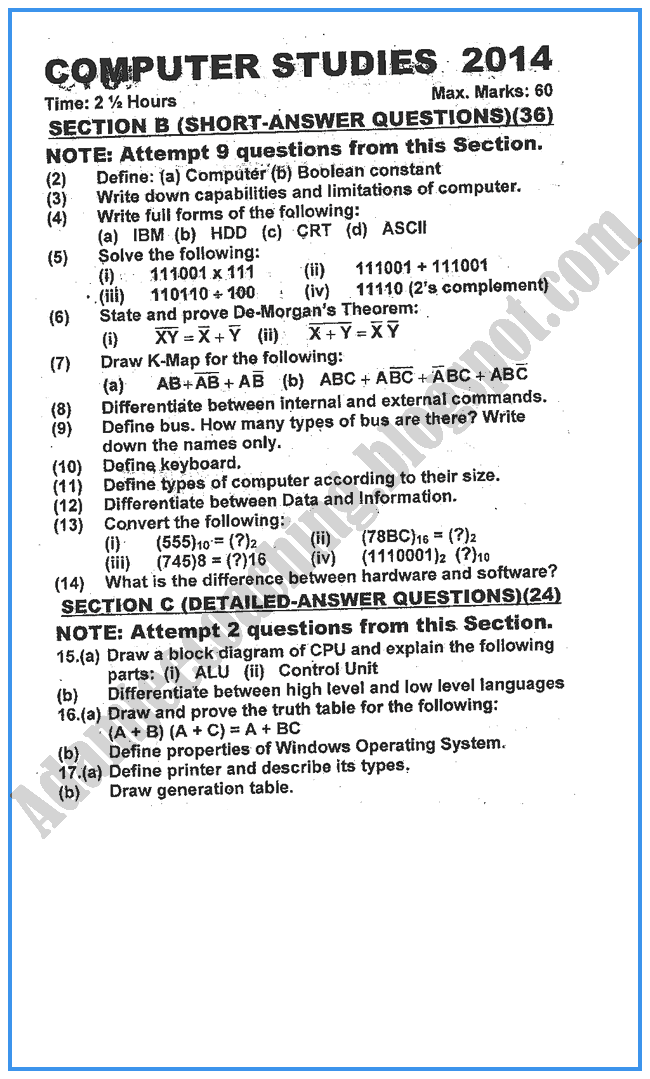 IX Computer Studies Past Year Paper - 2014