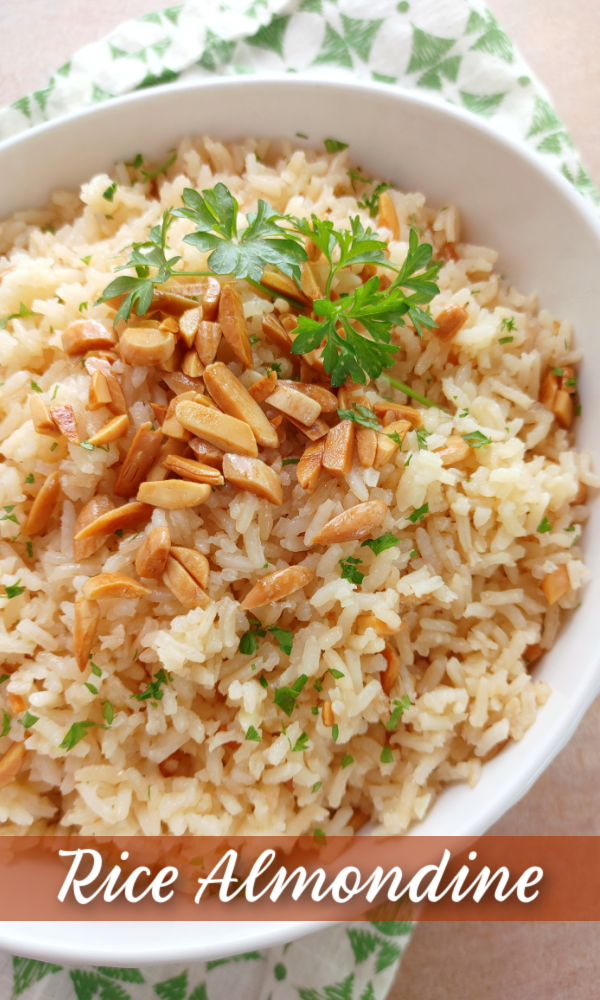 Classic Rice Almondine (Amandine) - A timeless side dish recipe with crunchy toasted almonds stirred into tender, savory rice made with buttery sauteed onions and garlic.