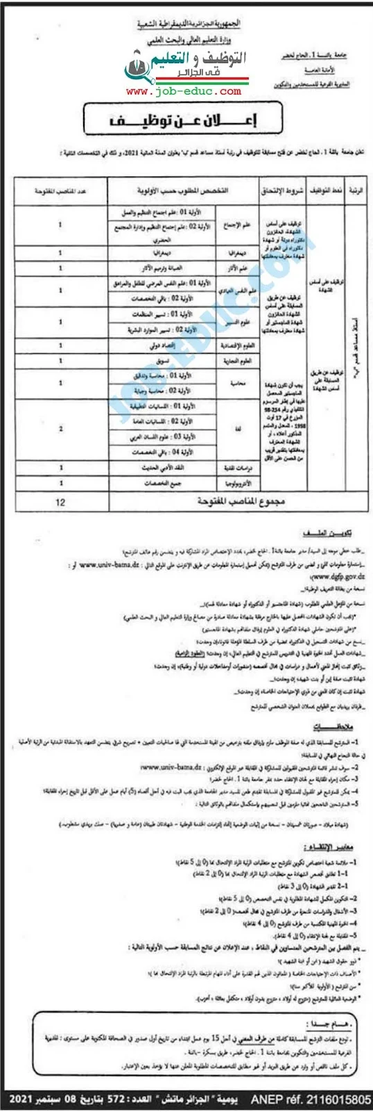 توظيف استاذ مساعد قسم بجامعة باتنة 1