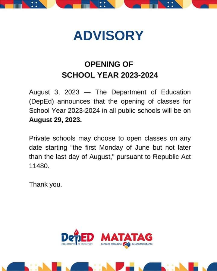DepEd announces that the opening of classes for S.Y. 20232024 in all